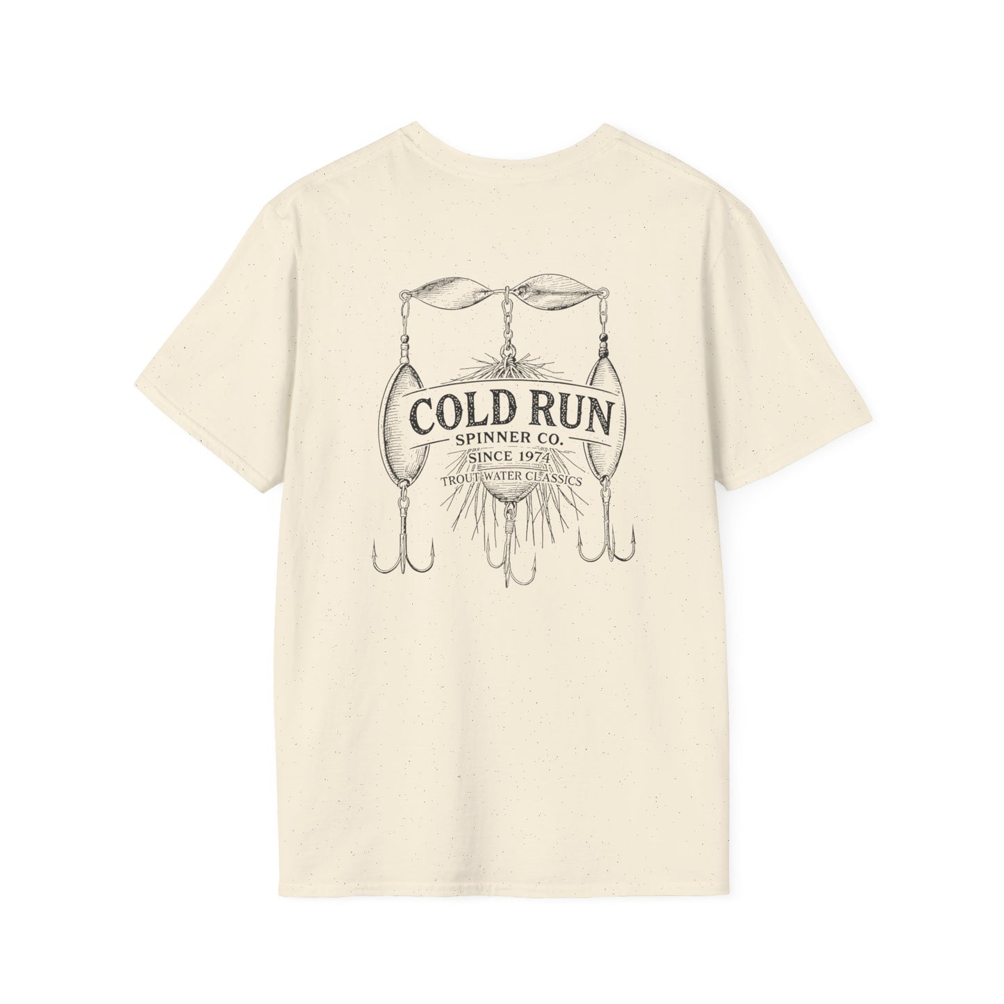 Vintage trout fishing t-shirt with Cold Run Spinner Co back graphic and front chest logo