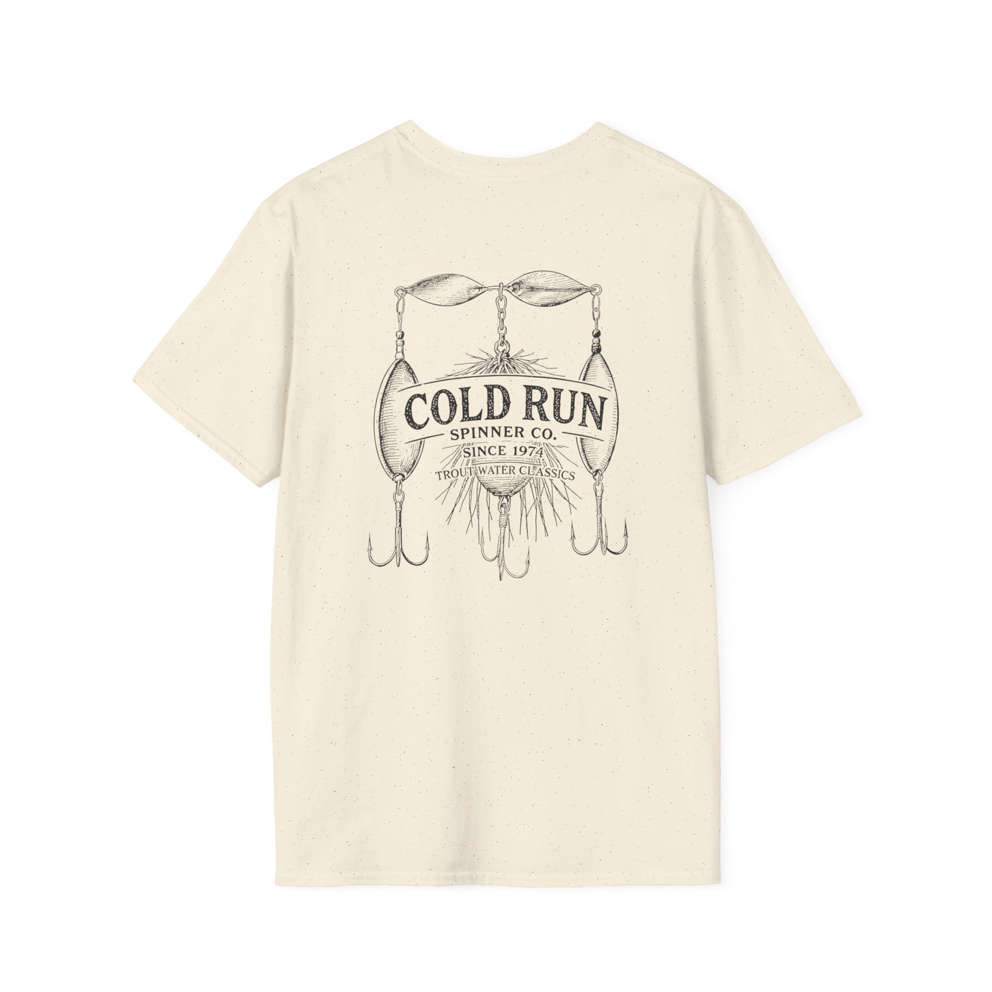 Vintage trout fishing t-shirt with Cold Run Spinner Co back graphic and front chest logo