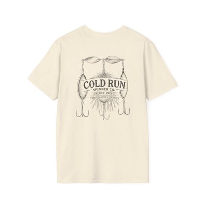 Vintage trout fishing t-shirt with Cold Run Spinner Co back graphic and front chest logo