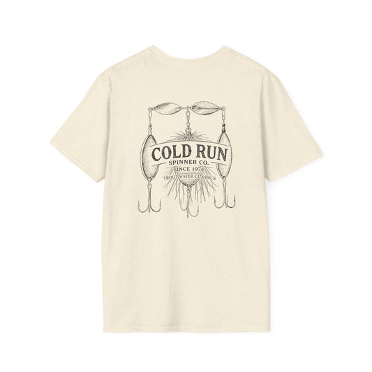 Vintage trout fishing t-shirt with Cold Run Spinner Co back graphic and front chest logo