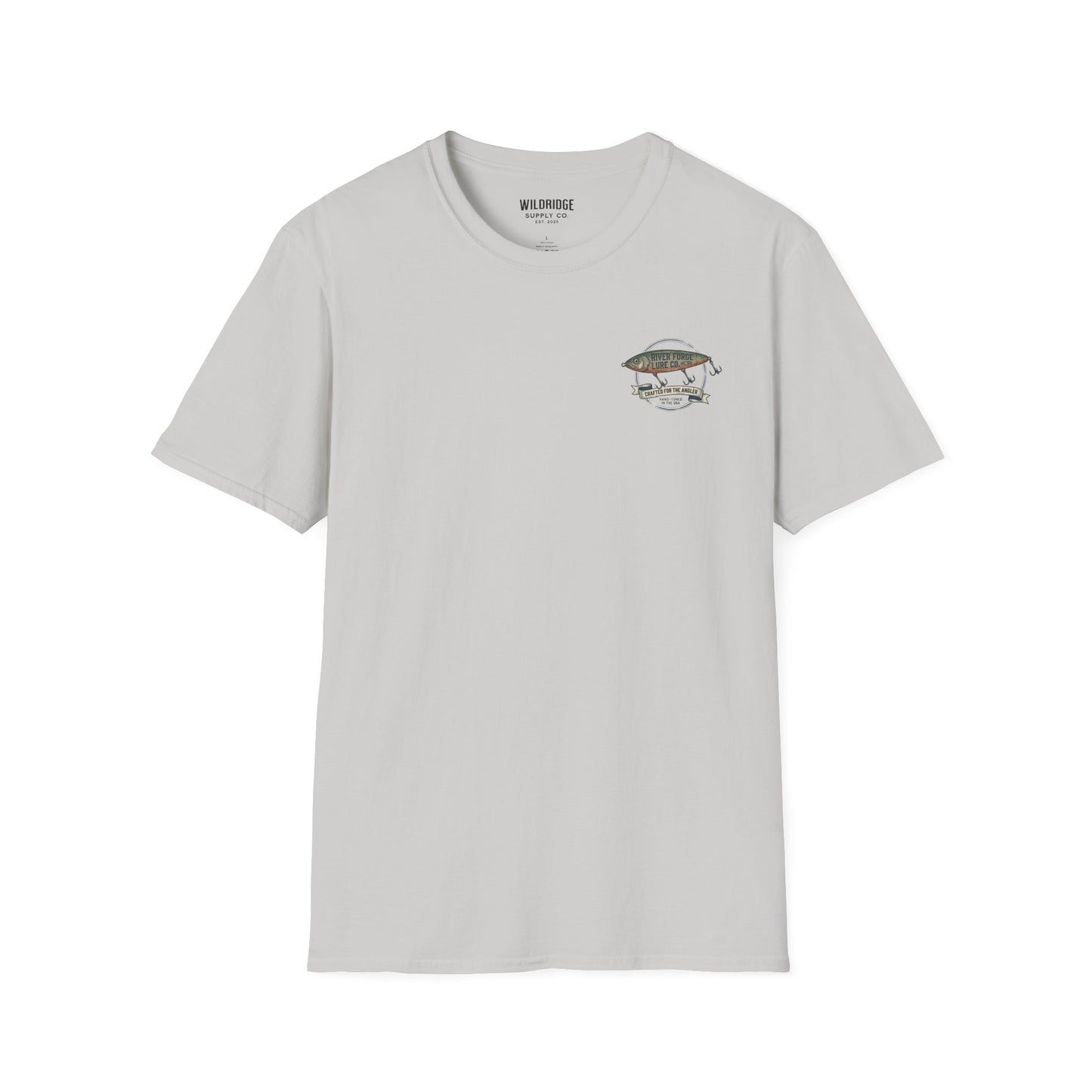 Fishing shirt with small hand-drawn lure on front chest