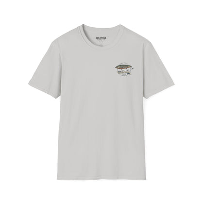 Fishing shirt with small hand-drawn lure on front chest