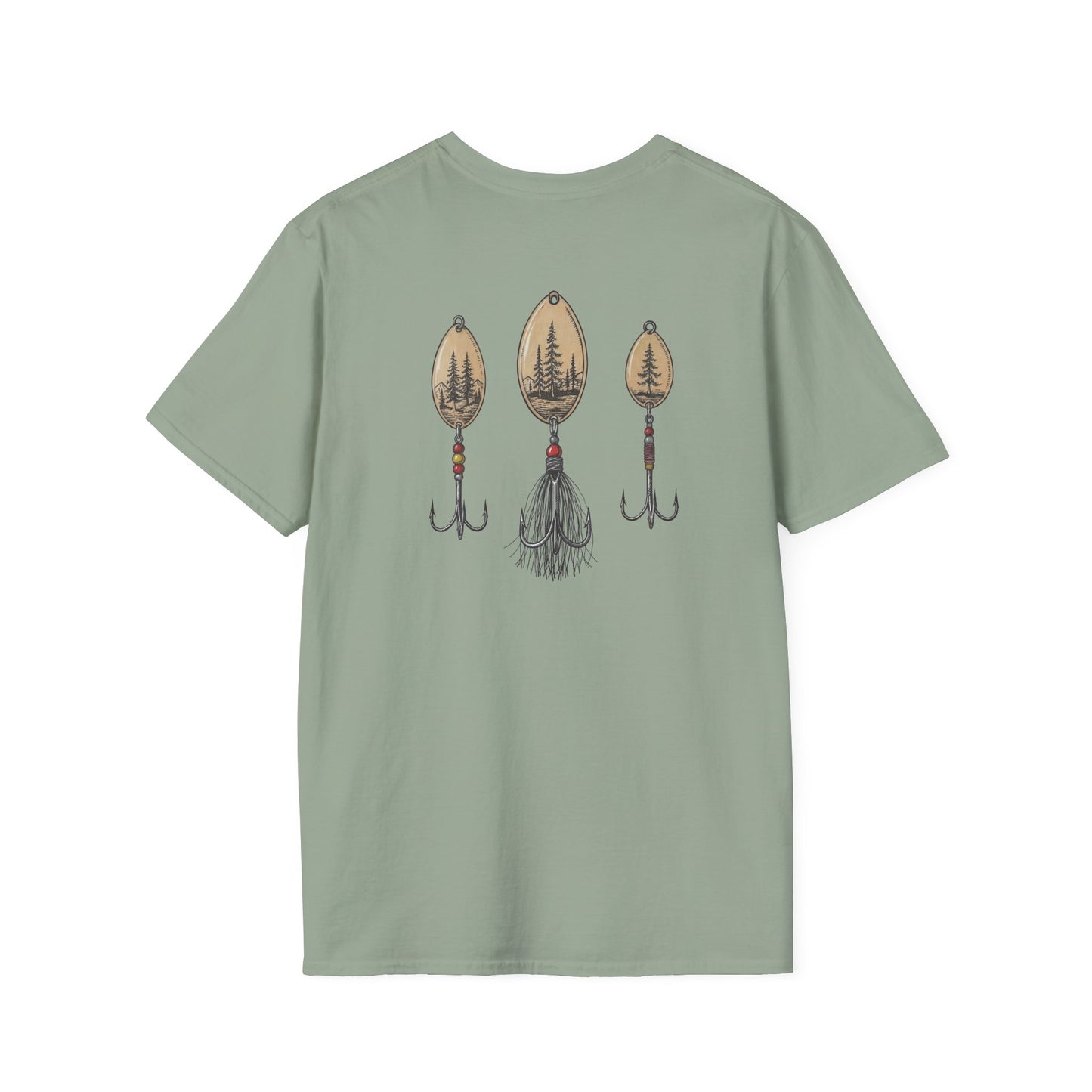 Green t-shirt with fishing trout lure design