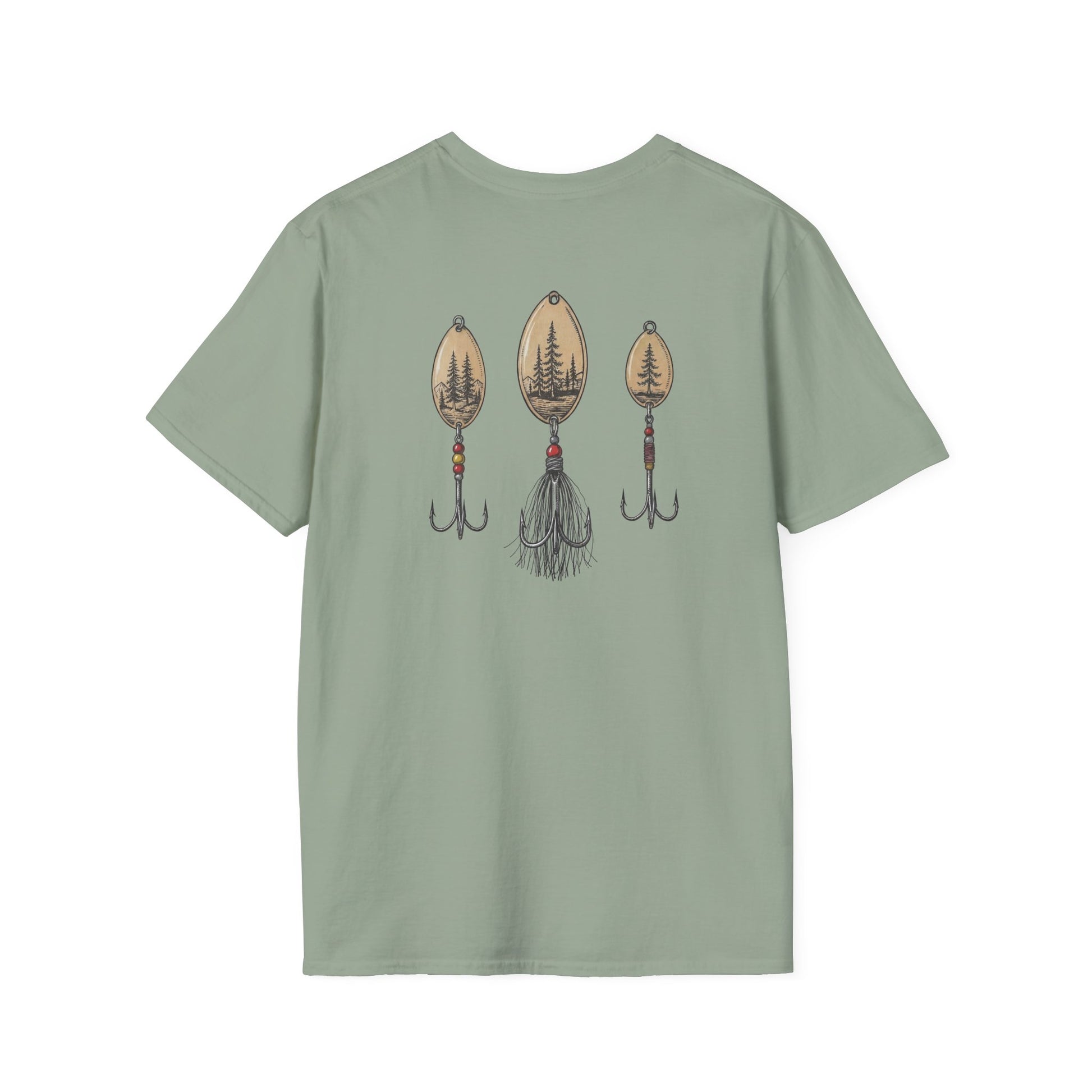 Green t-shirt with fishing trout lure design