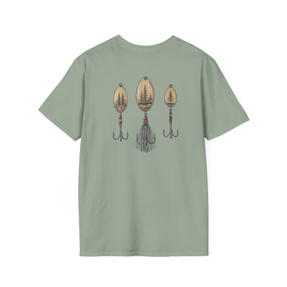 Green t-shirt with fishing trout lure design