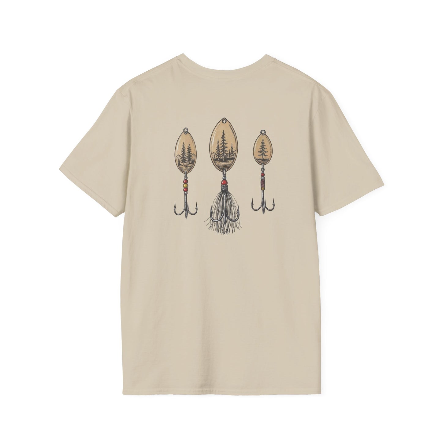 Vintage trout fishing t-shirt with three classic lure illustrations on back