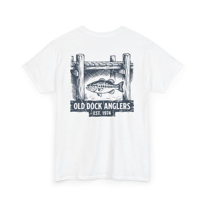 white shirt back view with old dock anglers bass graphic