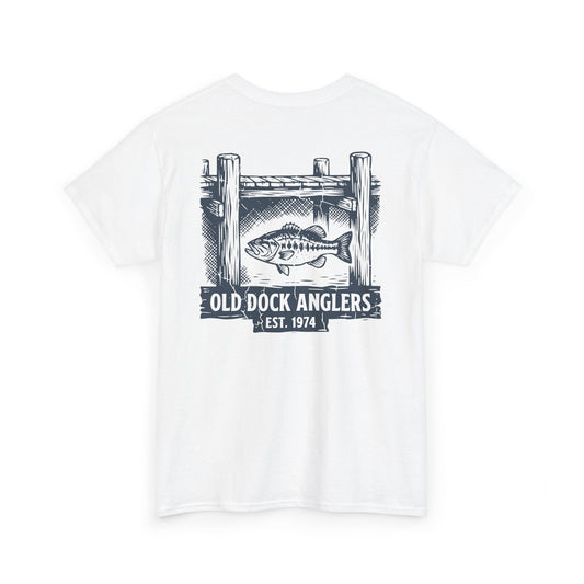 white shirt back view with old dock anglers bass graphic