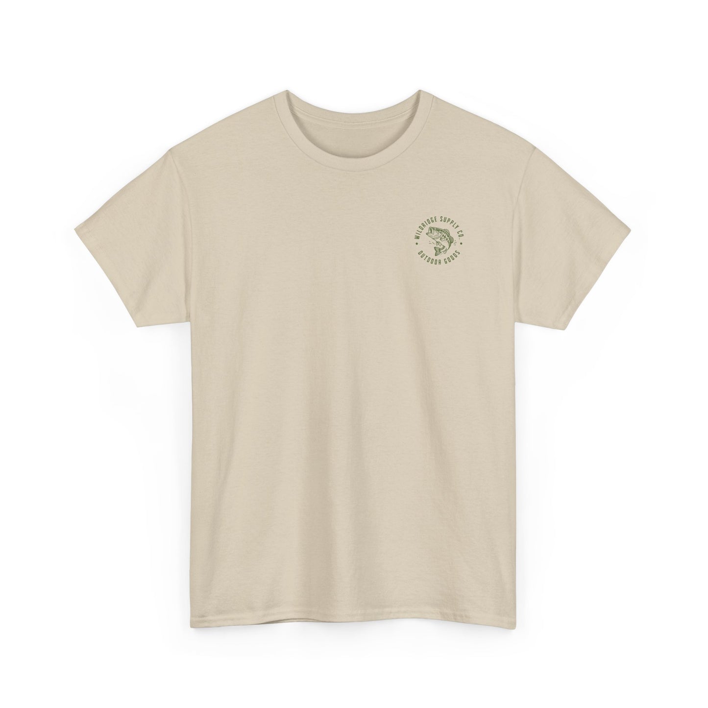 Beige t-shirt with a small logo on a white background