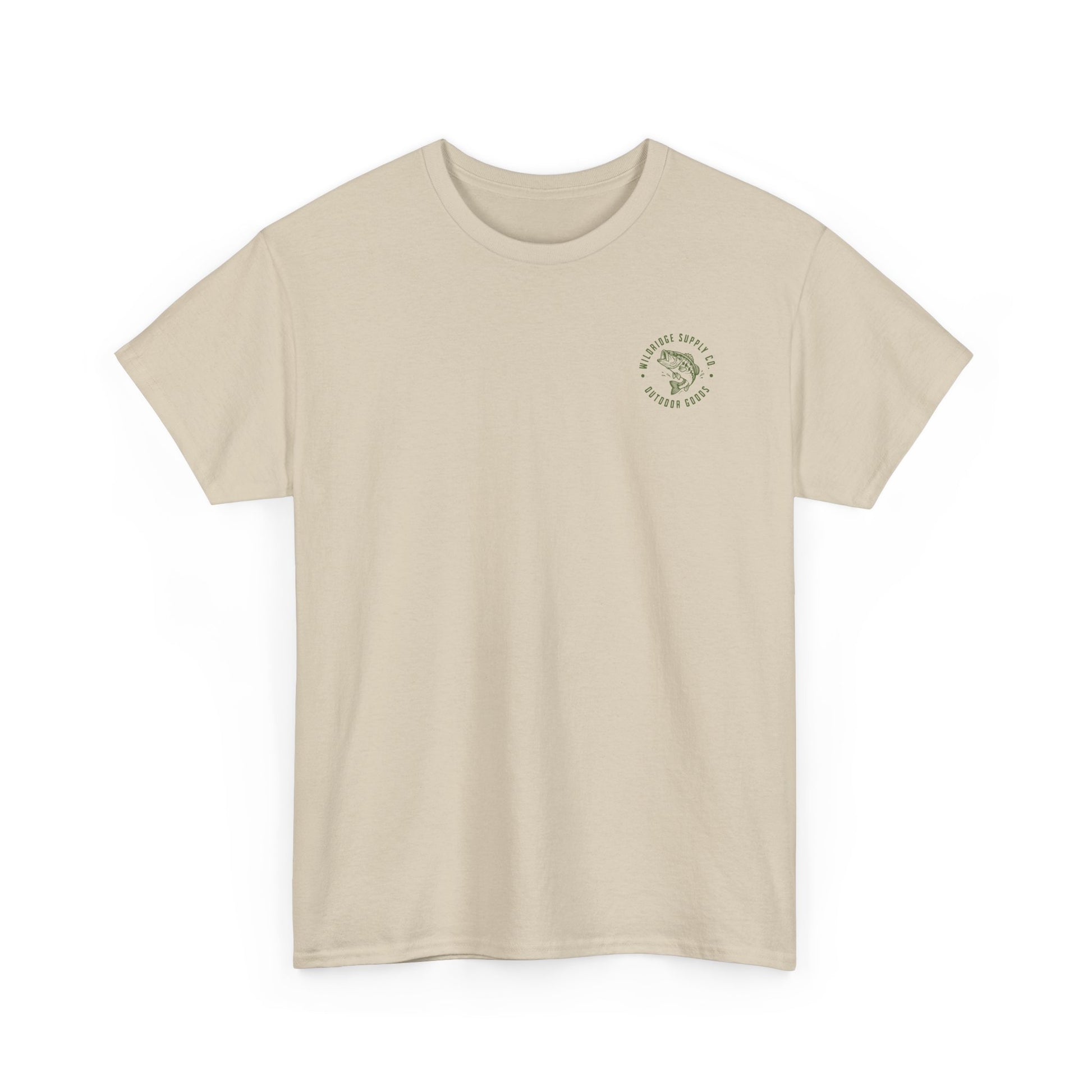 Beige t-shirt with a small logo on a white background