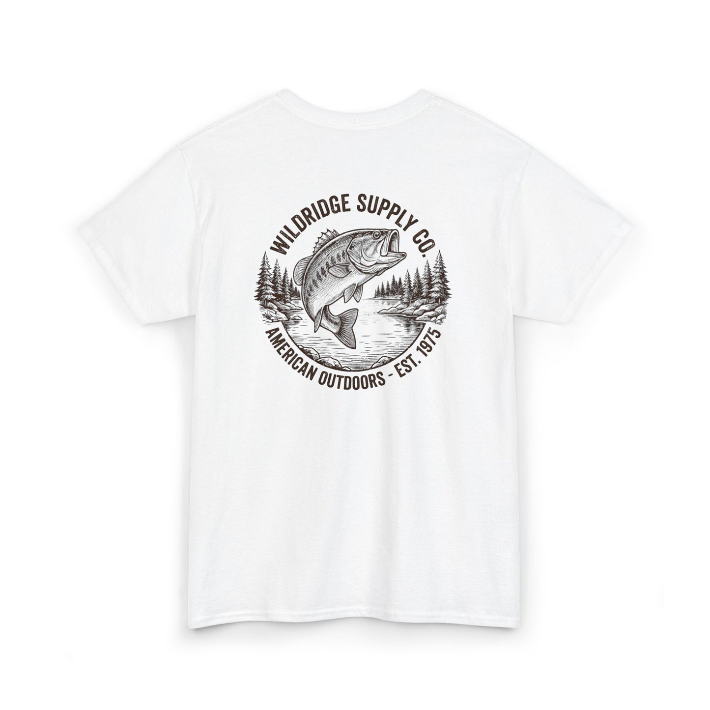 White t-shirt with a graphic of a largemouth bass fish and trees, featuring the 'Wildridge Supply Co' logo.