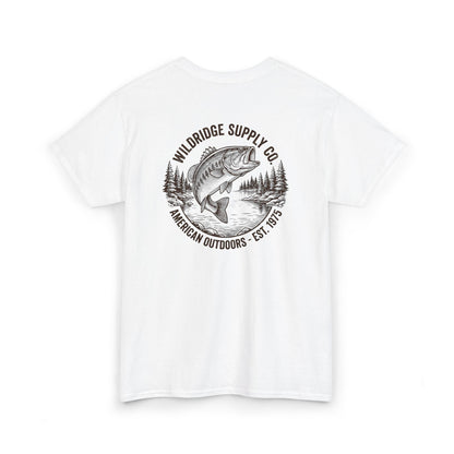 White t-shirt with a graphic of a largemouth bass fish and trees, featuring the 'Wildridge Supply Co' logo.
