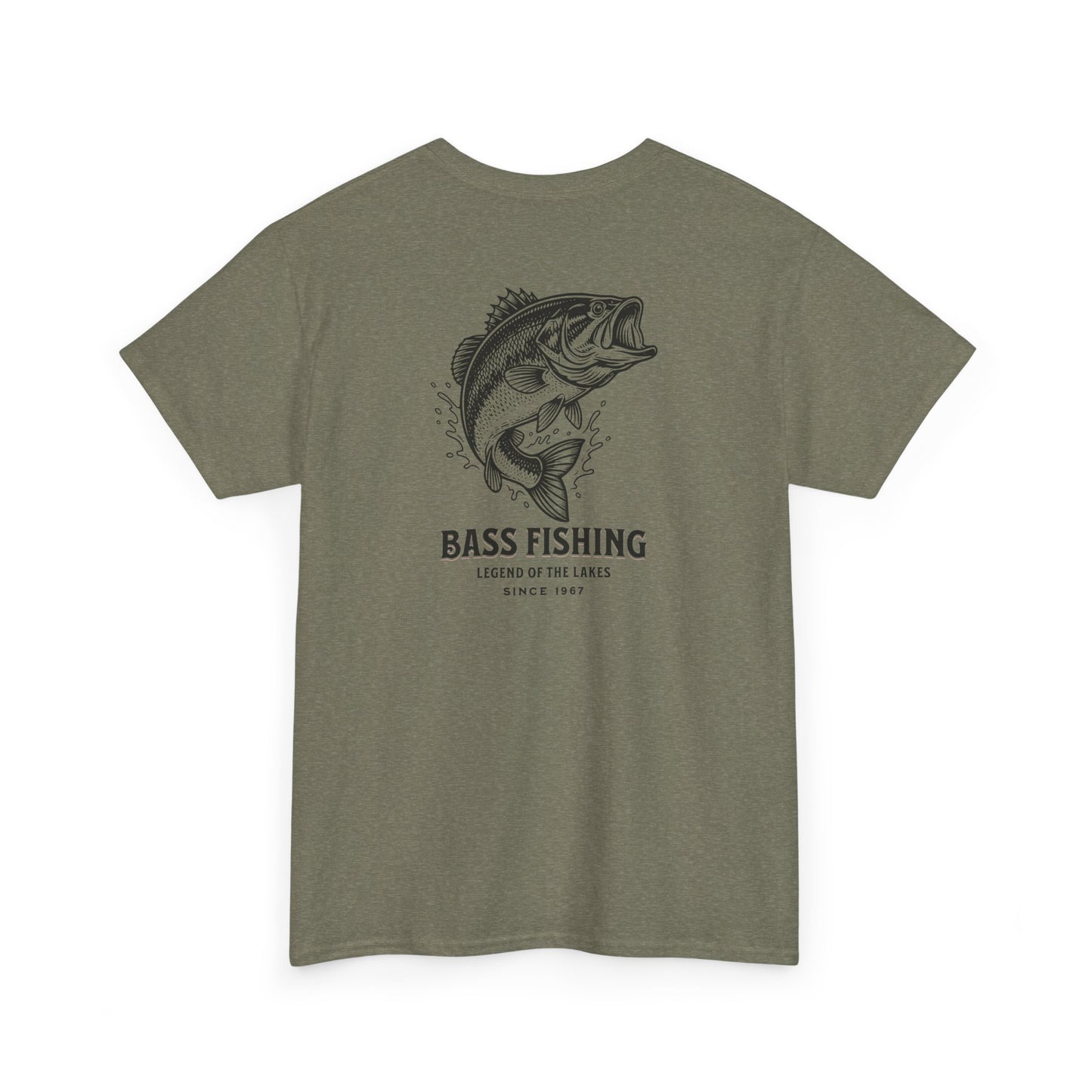 heather military green bass fishing shirt back graphic