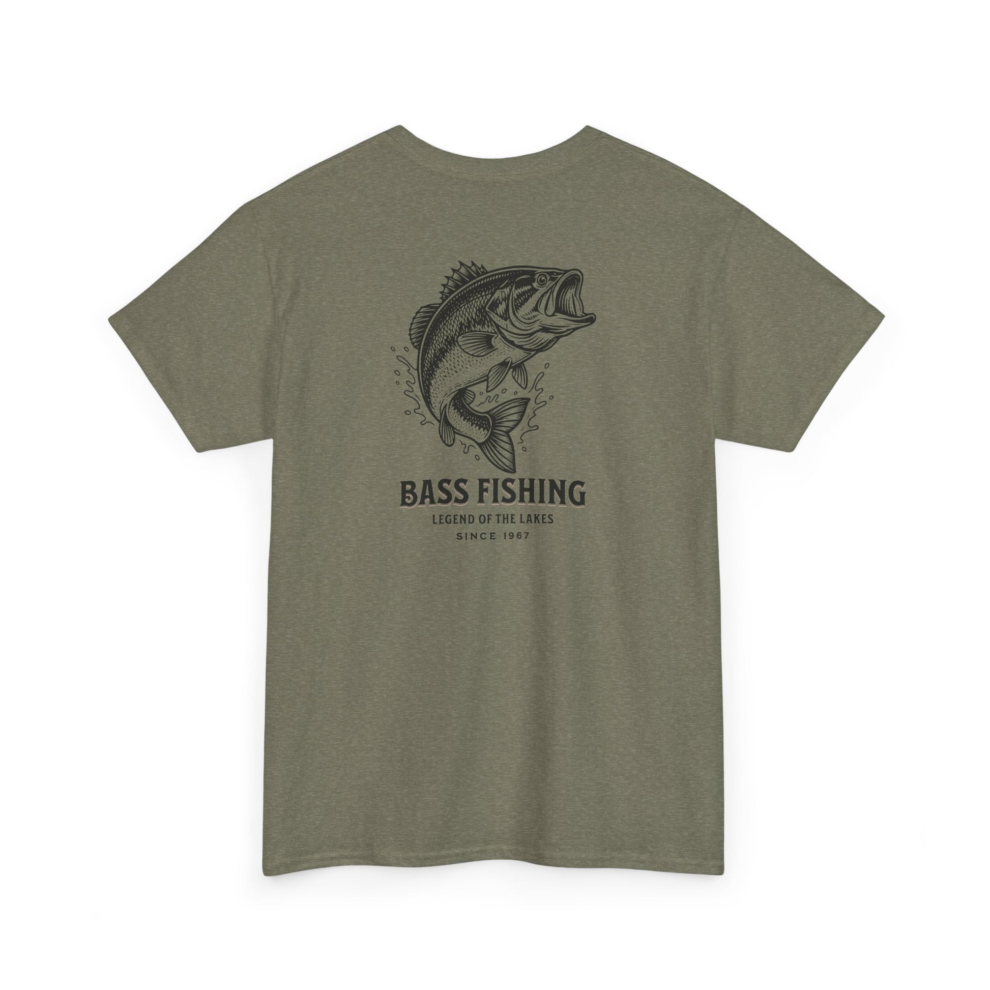 heather military green bass fishing shirt back graphic