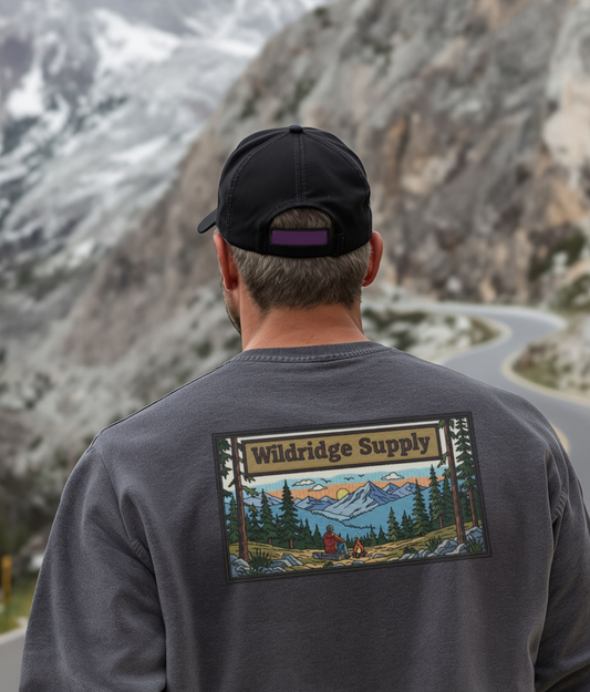 Wildridge Supply Co. Mountain Campfire Patch Sweatshirt – Outdoor Hiking & Camping Graphic Crewneck