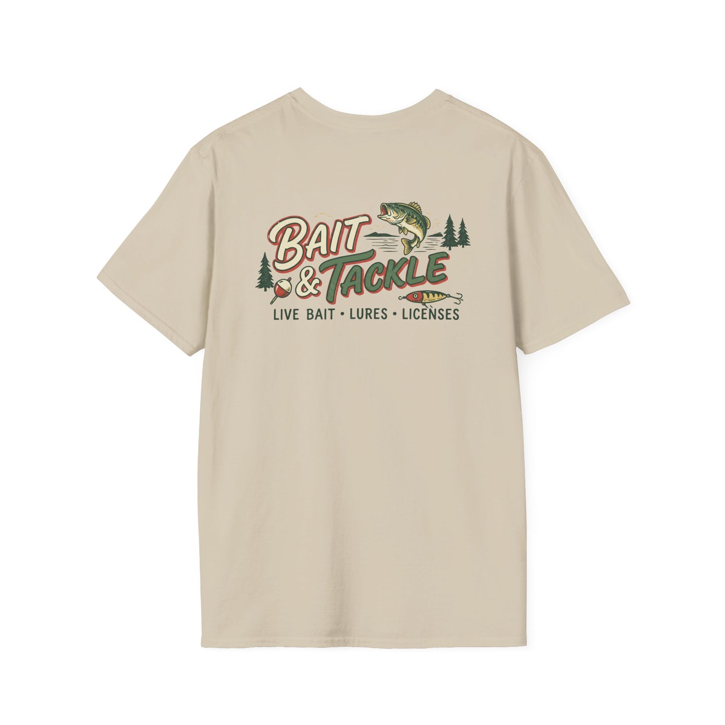 Beige t-shirt with 'Bait & Tackle' graphic on a white background