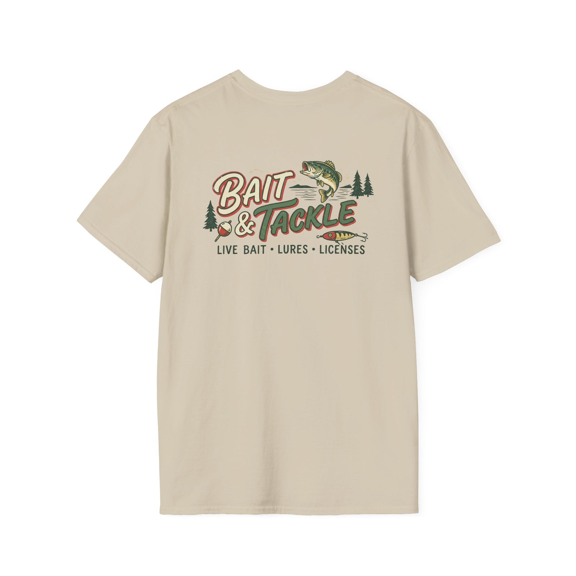 Beige t-shirt with 'Bait & Tackle' graphic on a white background