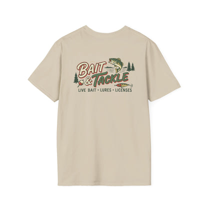 Beige t-shirt with 'Bait & Tackle' graphic on a white background