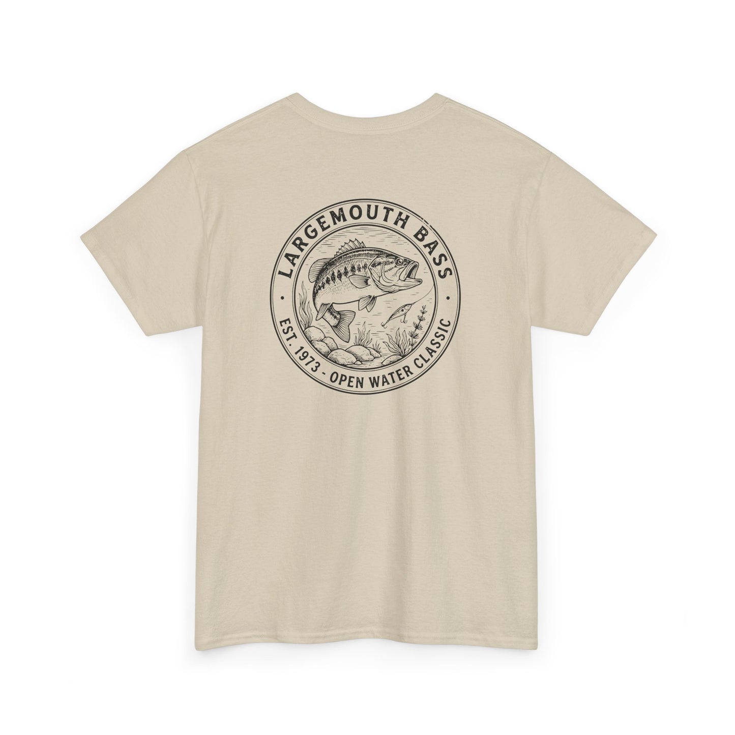 Beige t-shirt with largemouth bass graphic and text on a white background