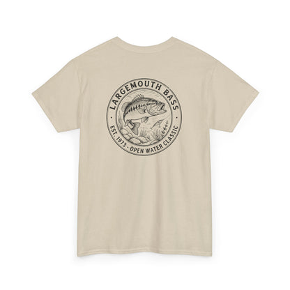 Beige t-shirt with largemouth bass graphic and text on a white background