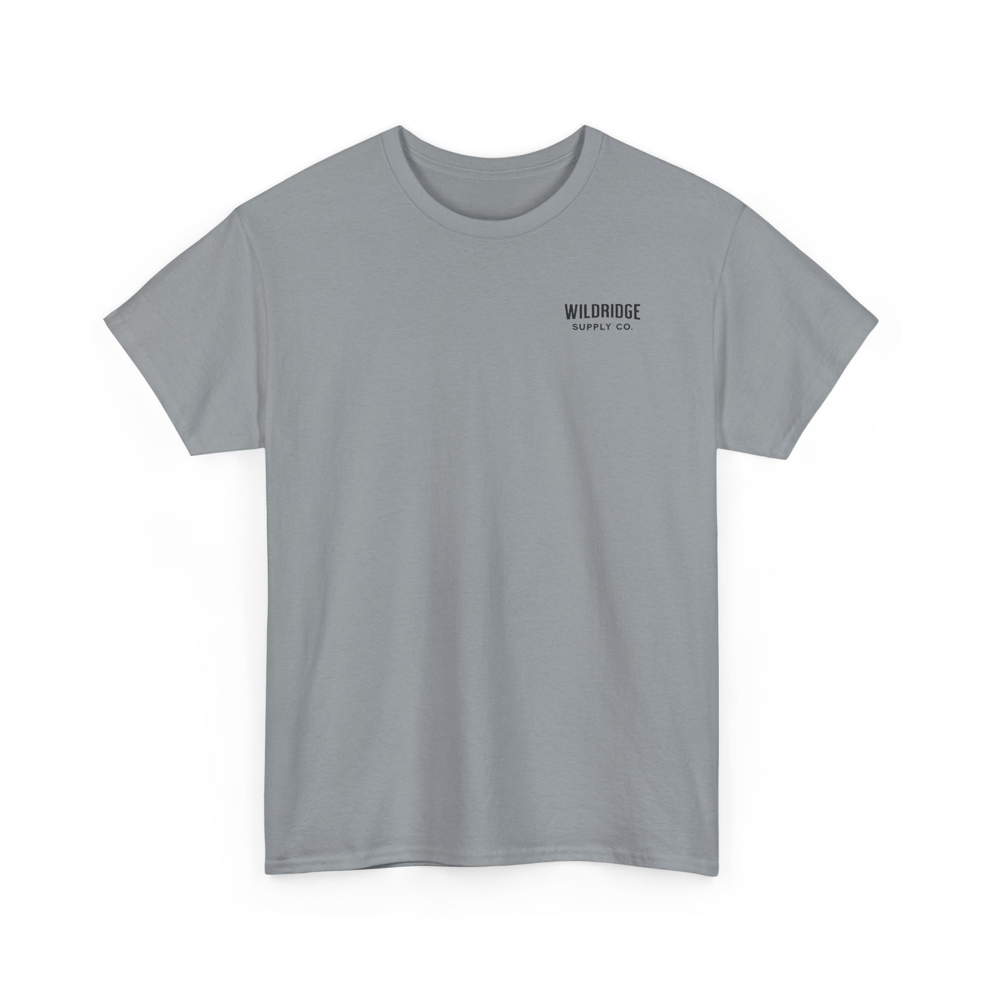 Gray t-shirt with 'Wildridge Supply Co' logo on a white background
