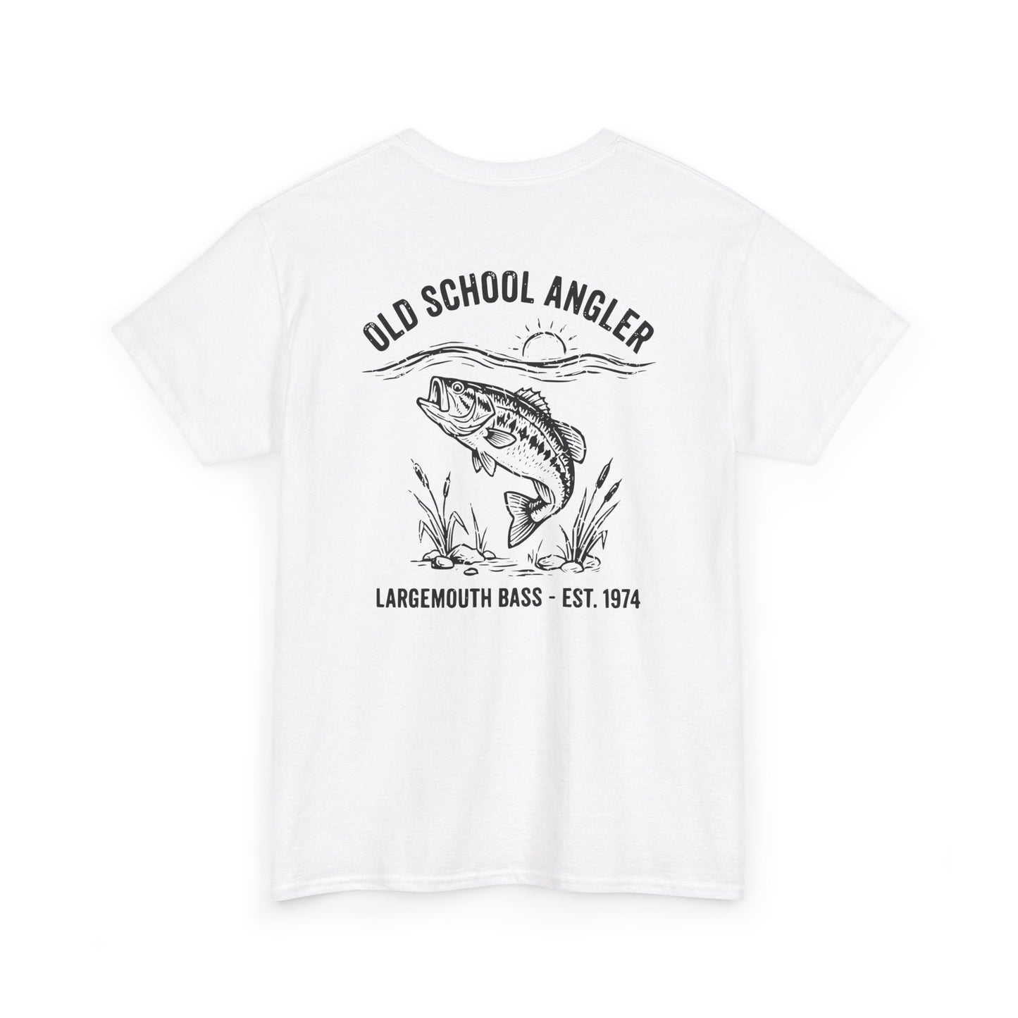 White t-shirt with bass graphic of a largemouth bass and text on a white background