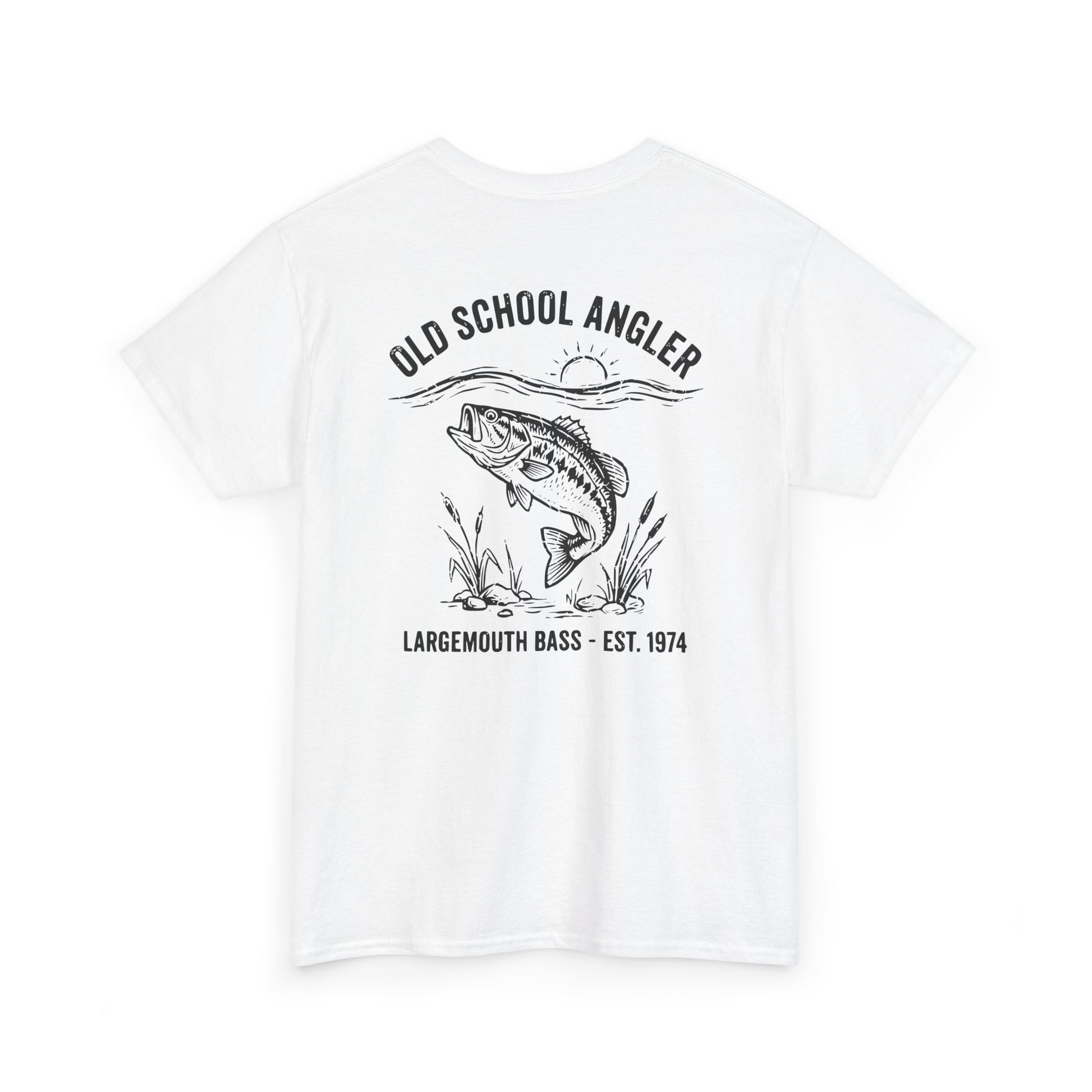 White t-shirt with bass graphic of a largemouth bass and text on a white background
