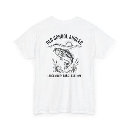 White t-shirt with bass graphic of a largemouth bass and text on a white background