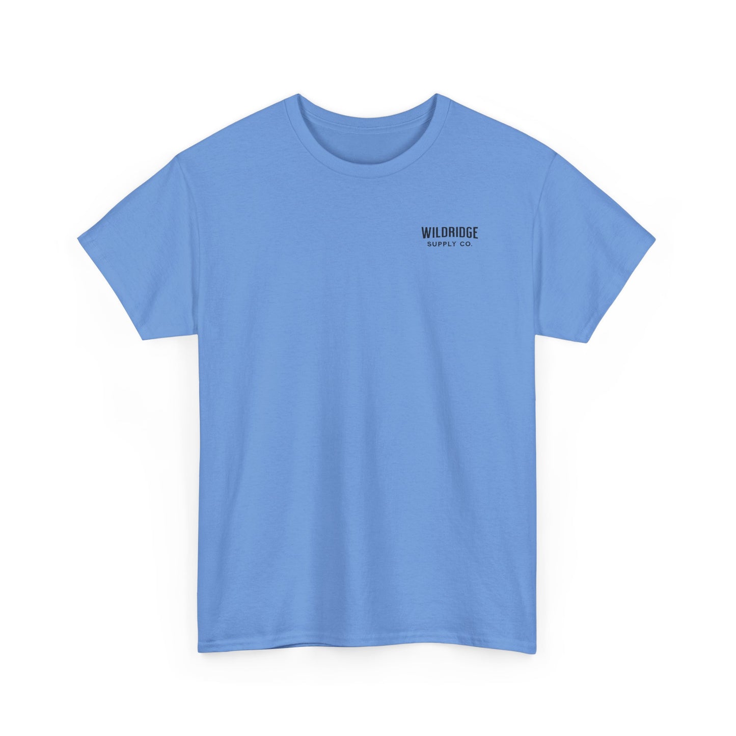 Light blue t-shirt with a small black logo on the chest against a white background