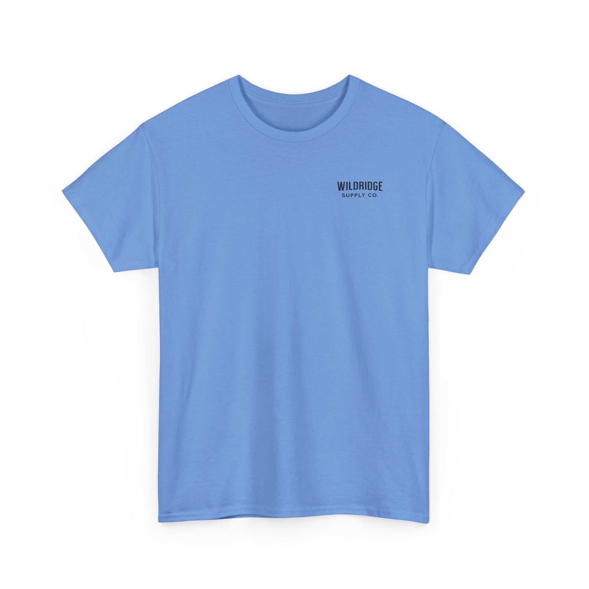 Light blue t-shirt with a small black logo on the chest against a white background