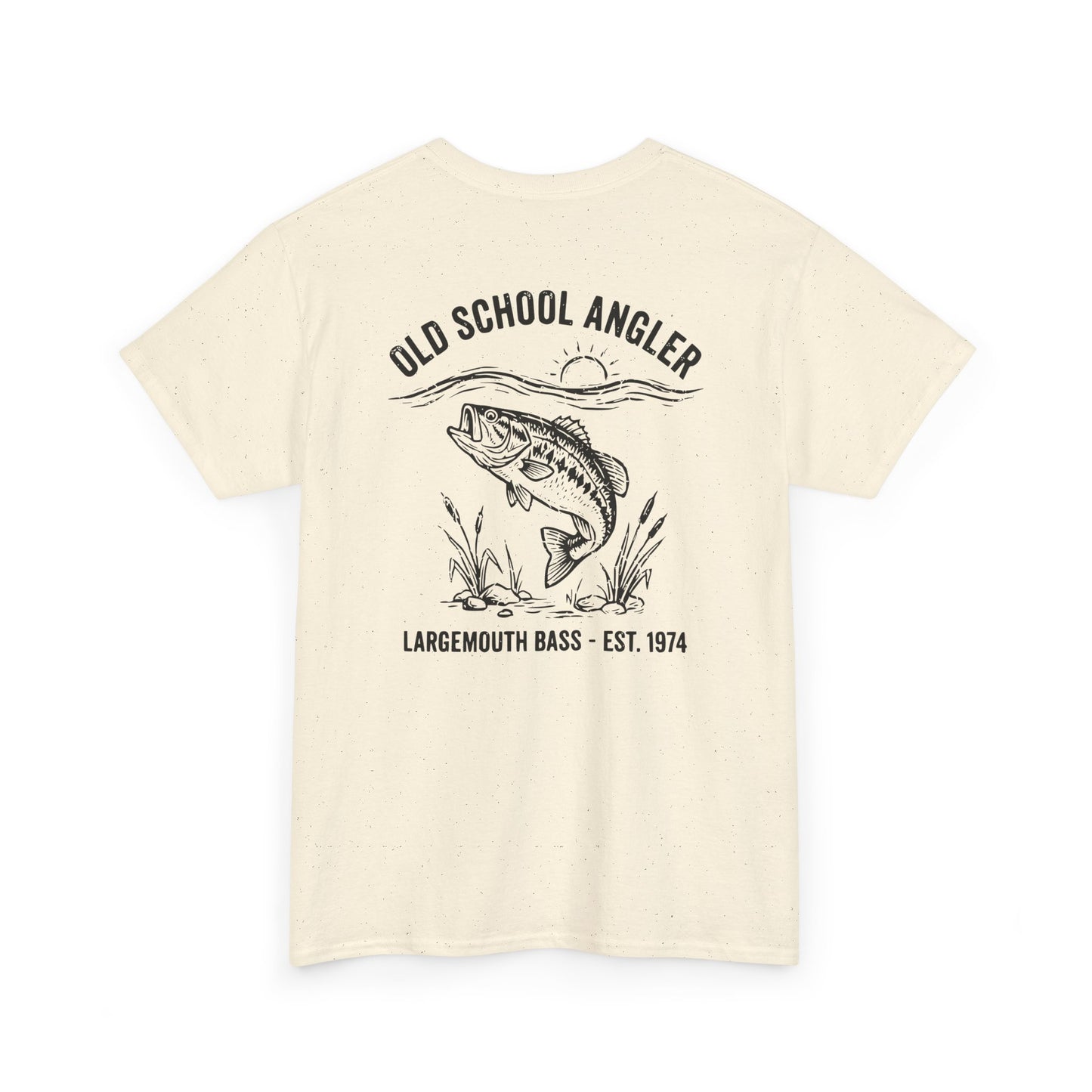 Beige t-shirt with bass fishing graphic and text on a white background
