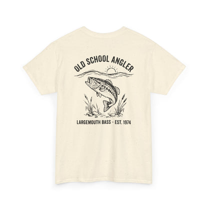 Beige t-shirt with bass fishing graphic and text on a white background