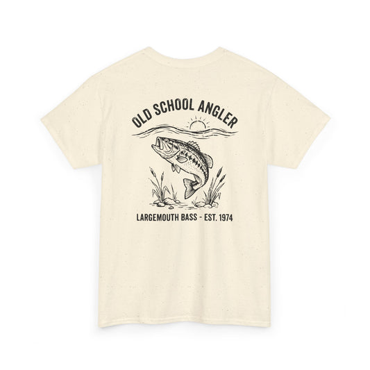 Beige t-shirt with bass fishing graphic and text on a white background