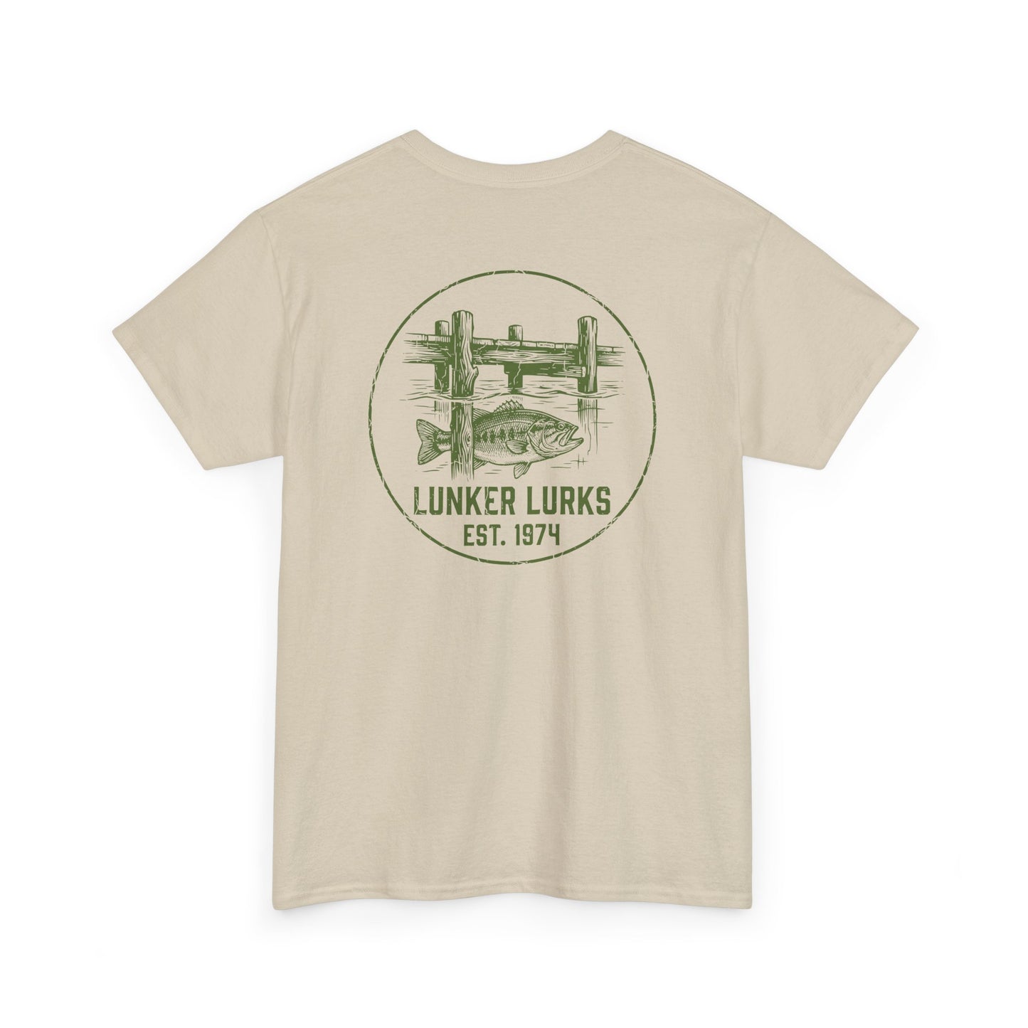 Beige t-shirt with green graphic bass fishing  and text on a white background