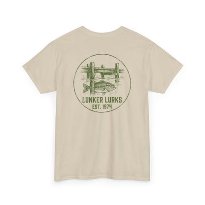 Beige t-shirt with green graphic bass fishing  and text on a white background