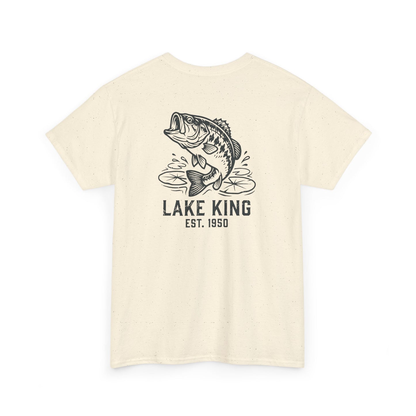 Beige t-shirt with largemouth fish graphic and 'Lake King' text on a white background