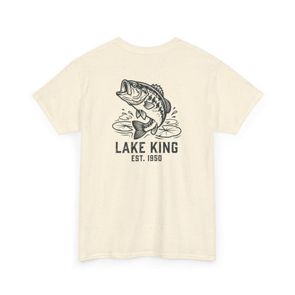 Beige t-shirt with largemouth fish graphic and 'Lake King' text on a white background