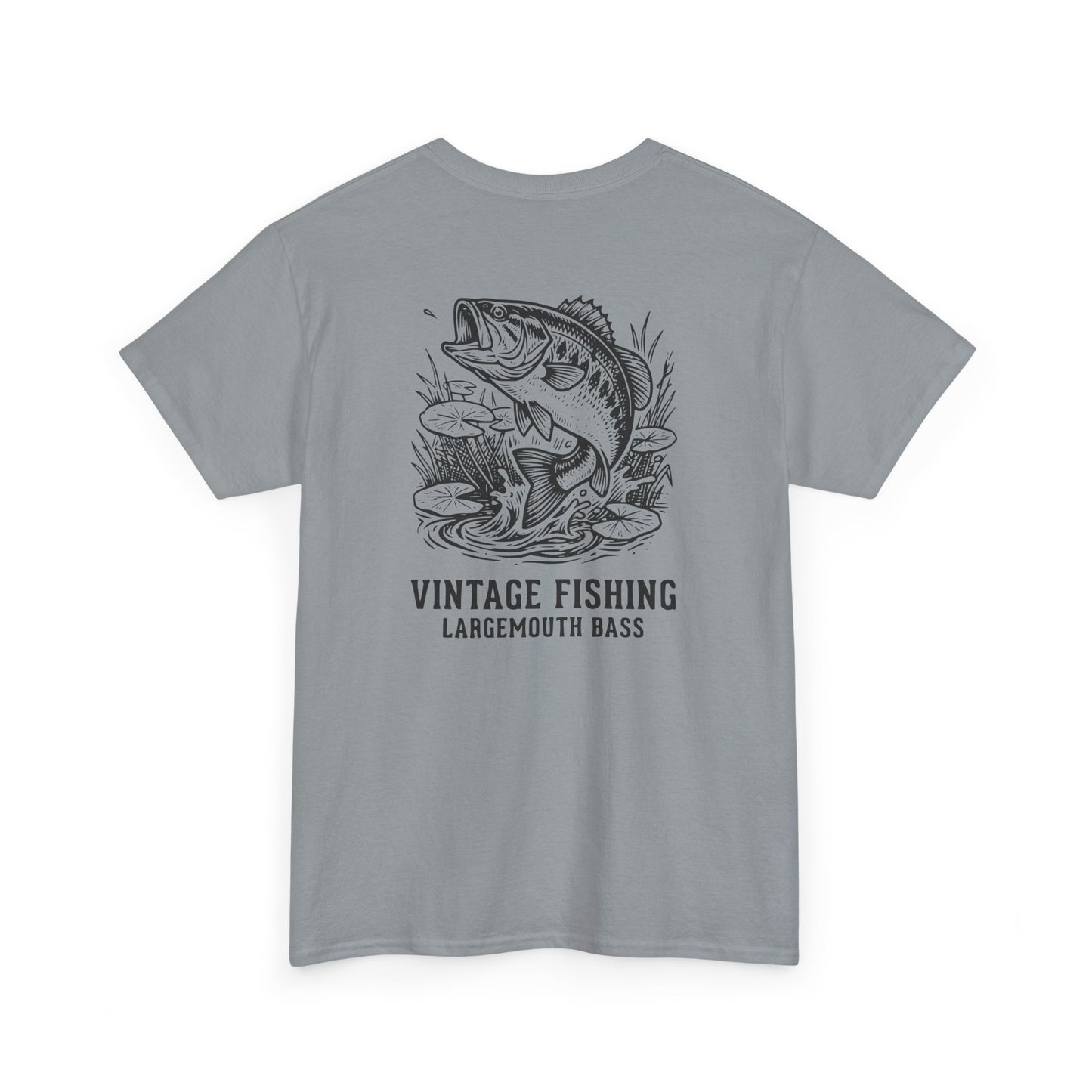 Gray t-shirt with a largemouth bass graphic and 'Vintage Fishing' text on a white background