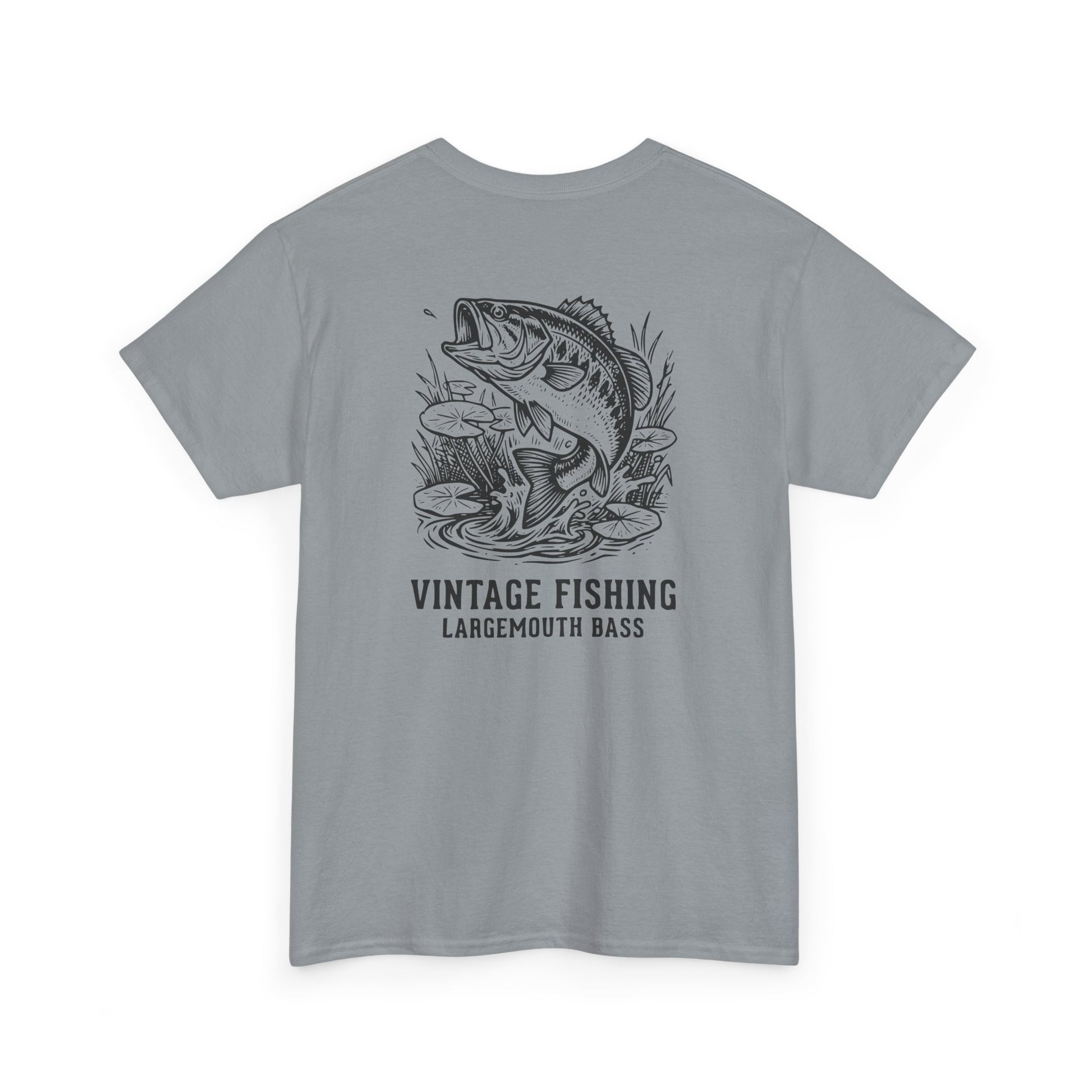 Gray t-shirt with a largemouth bass graphic and 'Vintage Fishing' text on a white background