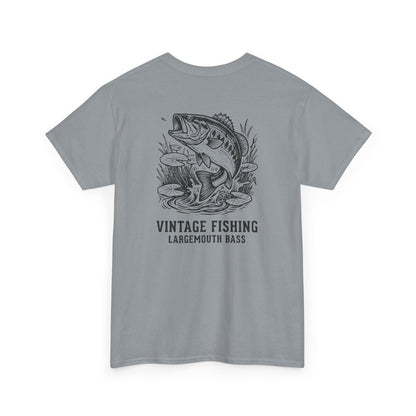 Gray t-shirt with a largemouth bass graphic and 'Vintage Fishing' text on a white background