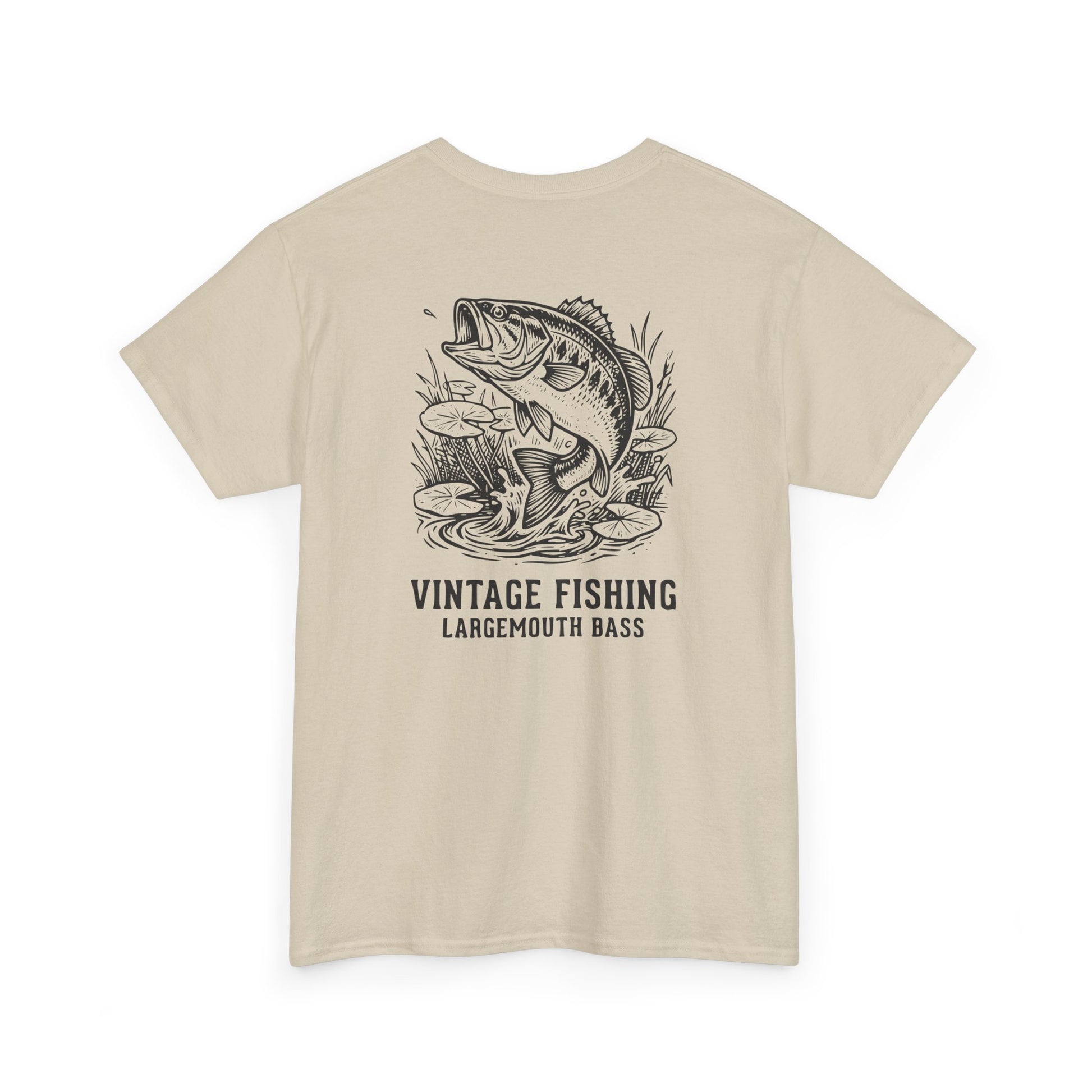 Beige t-shirt with a largemouth bass graphic and 'Vintage Fishing Largemouth Bass' text on a white background
