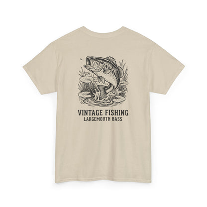 Beige t-shirt with a largemouth bass graphic and 'Vintage Fishing Largemouth Bass' text on a white background
