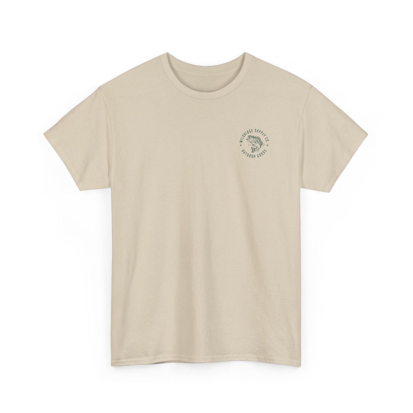 Beige t-shirt with a small logo on a white background