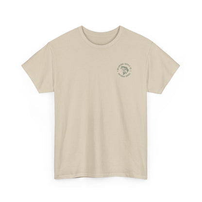 Beige t-shirt with a small logo on a white background