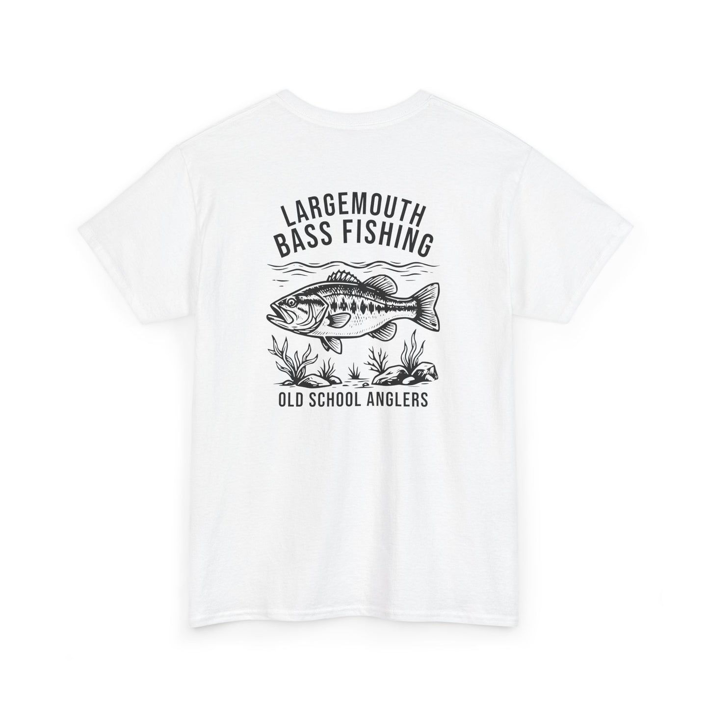 White t-shirt with  bass fishing graphic and text on a white background