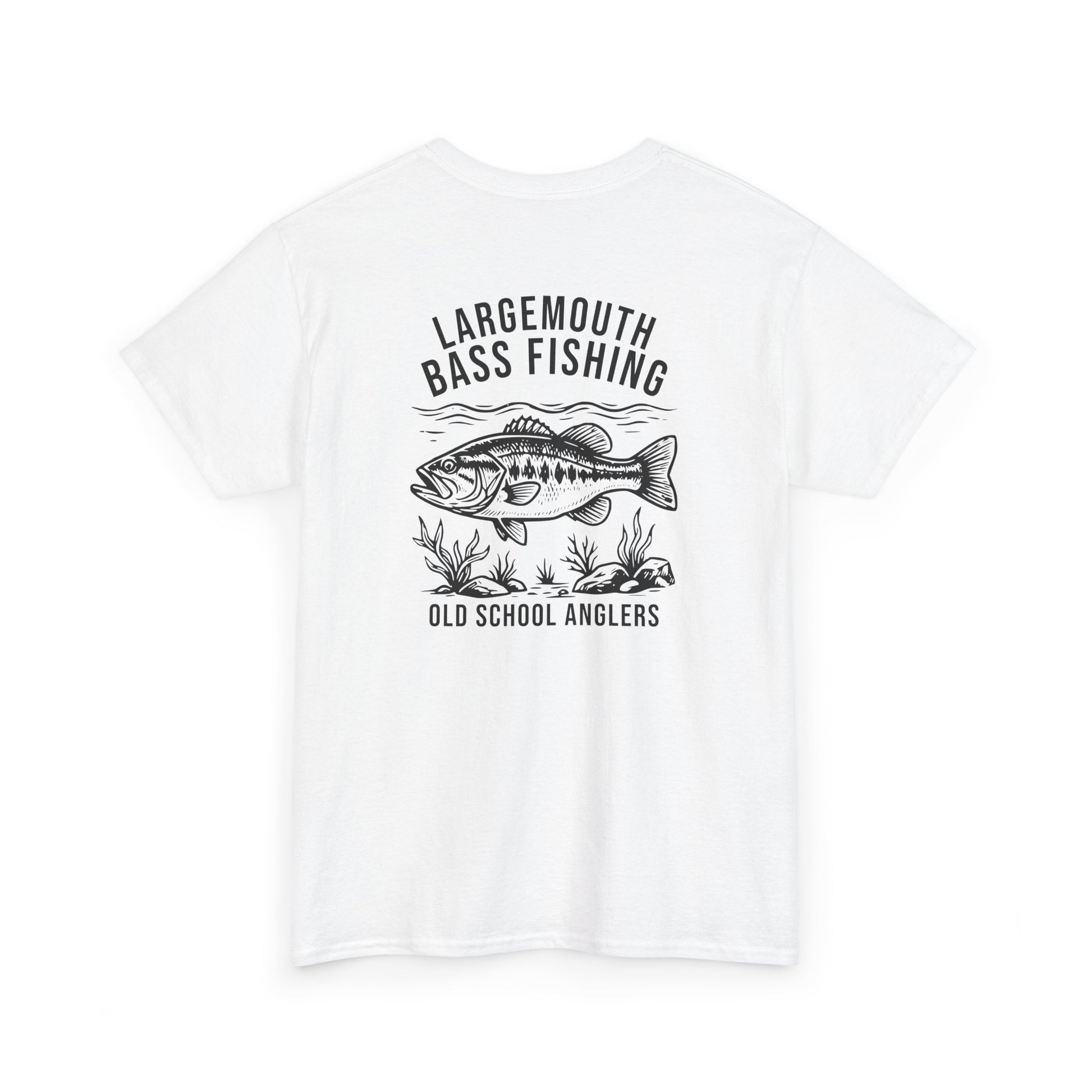 White t-shirt with  bass fishing graphic and text on a white background