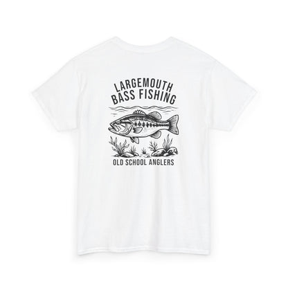 White t-shirt with  bass fishing graphic and text on a white background