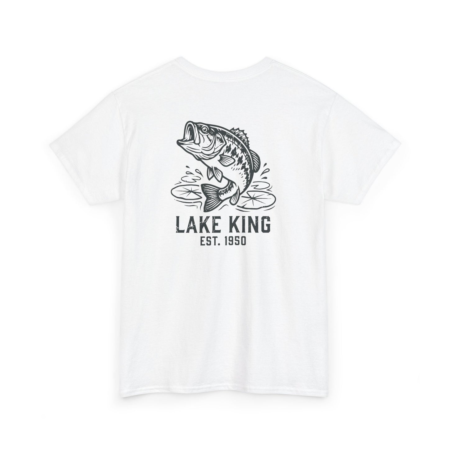 White t-shirt with bass fish graphic and 'Lake King' text on a white background
