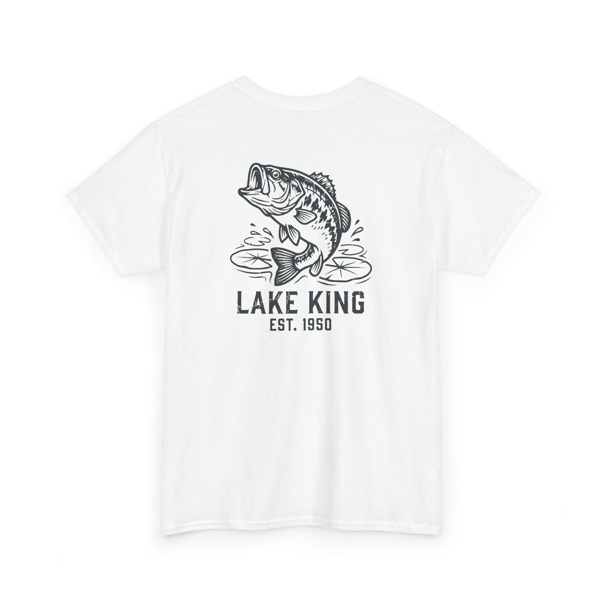 White t-shirt with bass fish graphic and 'Lake King' text on a white background