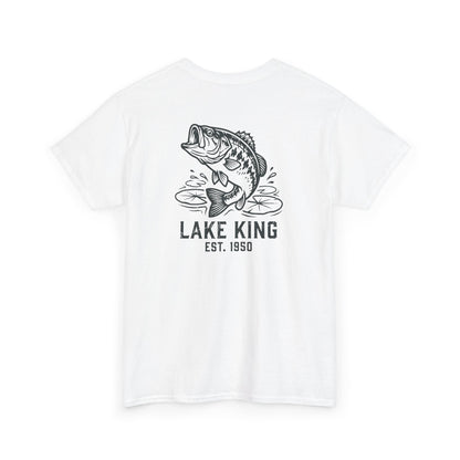White t-shirt with bass fish graphic and 'Lake King' text on a white background